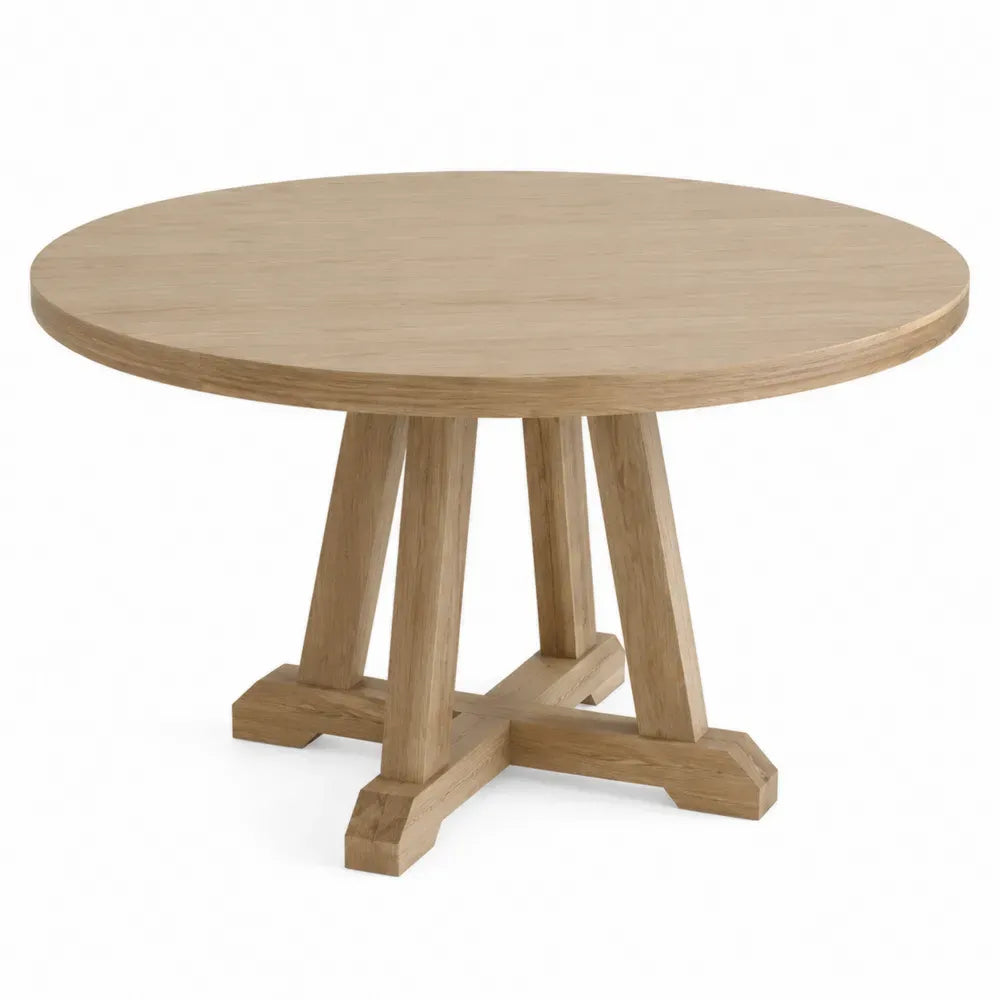 Mesa de comedor redonda de madera maciza base cruzada estilo contemporáneo madera natural 120 cm 120 cm 75 cm