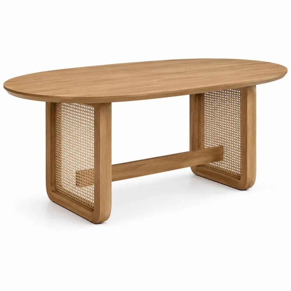 Mesa de comedor ovalada de MDF con chapa de roble y paneles de ratán base doble 180 cm x 90 cm x 75 cm roble claro beige natural