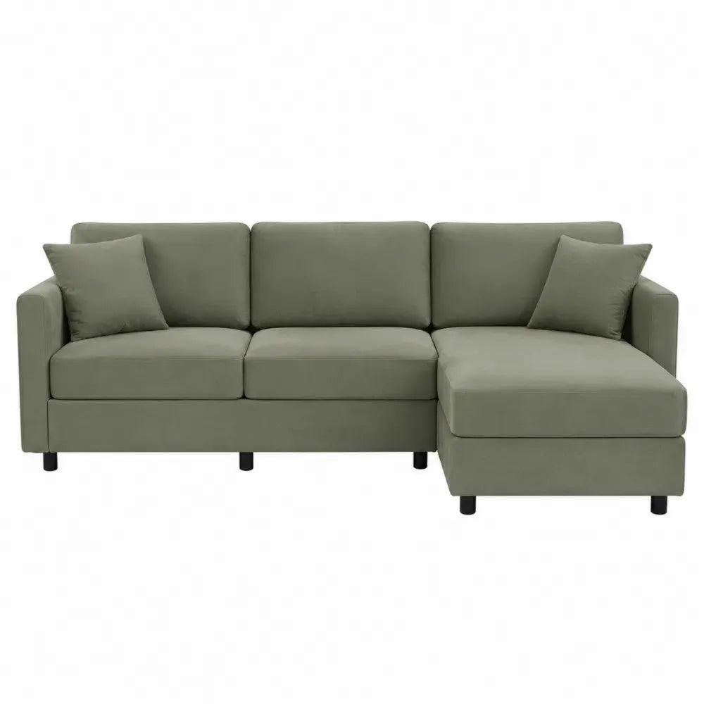 Sofá esquinero en L de 220 x 140 x 85 cm tapizado en tejido de poliéster verde grisáceo con chaise longue estructura de madera contrachapada y patas de PP