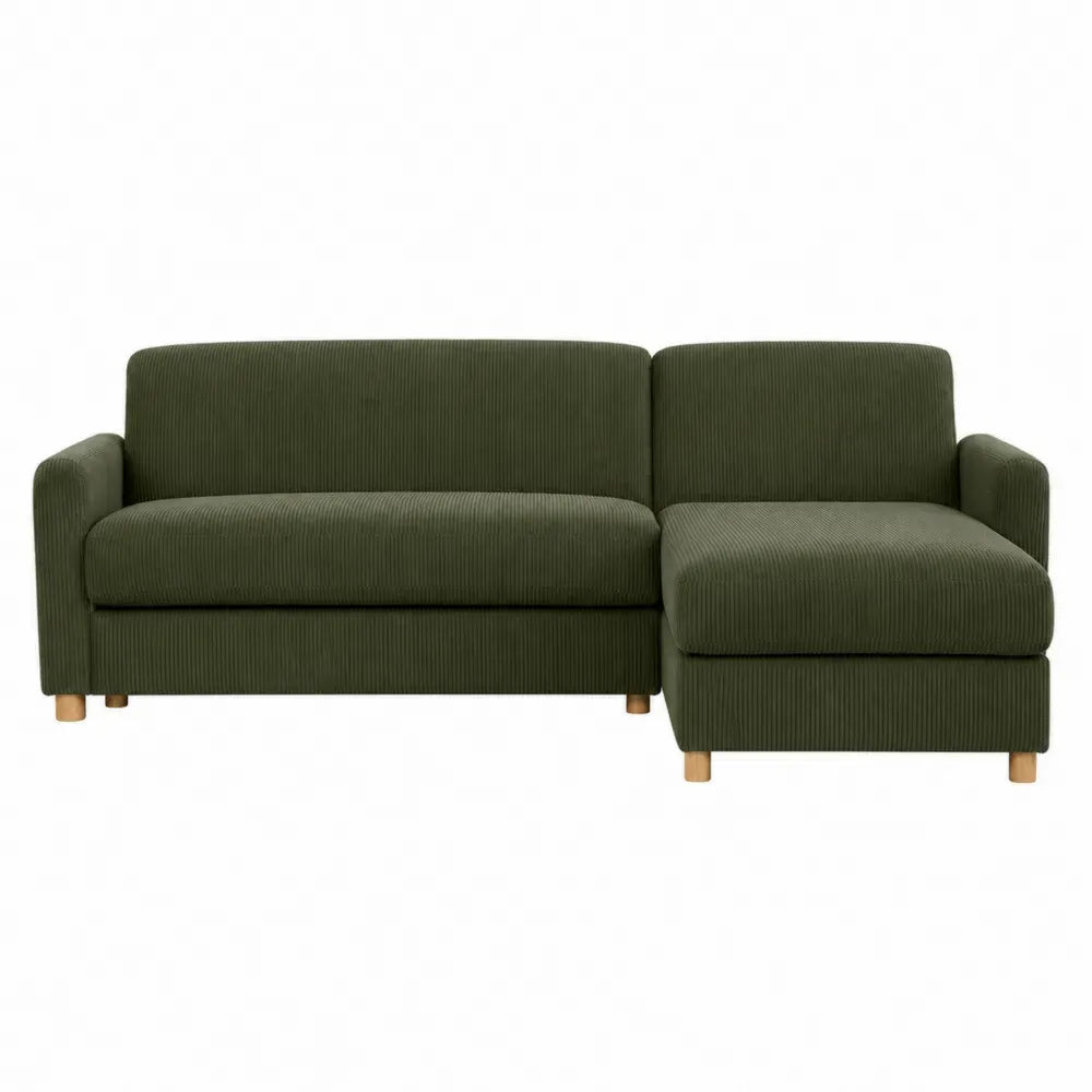 Sofá esquinero modular de 3 plazas con chaise longue derecha tapizado en pana de poliéster verde oliva estructura de madera contrachapada 230 x 150 x 85 cm