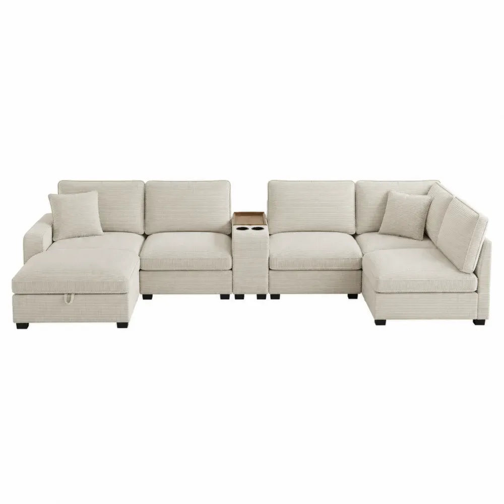 sofá modular esquinero en L de 320 cm tapizado en tejido de poliéster acanalado beige con doble chaise longue módulo central con portavasos estructura de madera contrachapada patas de PP