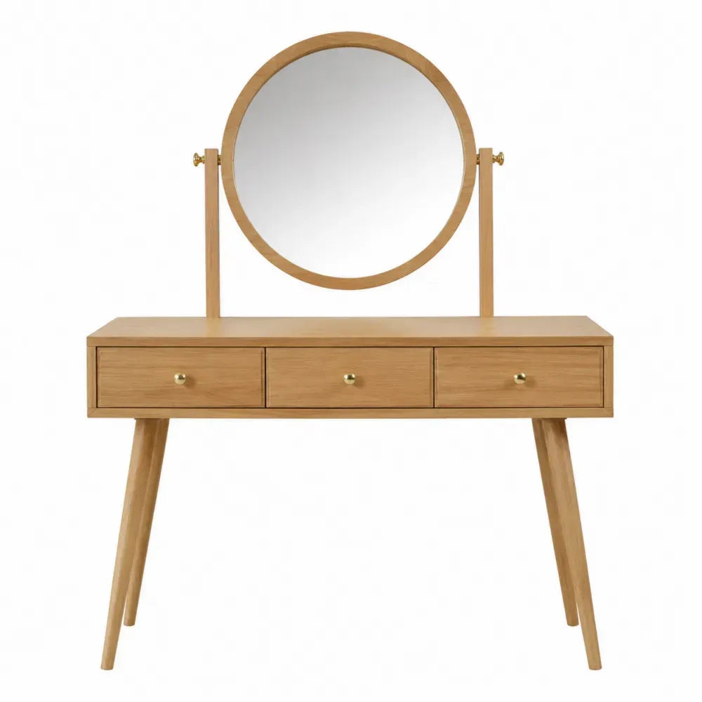 tocador de dormitorio con espejo redondo estructura de madera natural con 3 cajones 120 cm x 40 cm x 140 cm