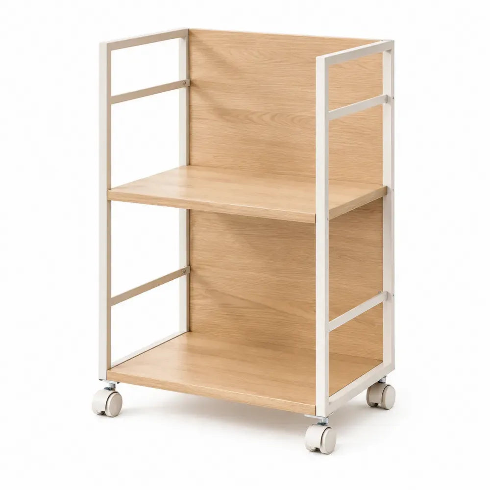 carrito de almacenamiento con ruedas de dos niveles MDF efecto madera roble claro estructura de acero blanco 60 cm longitud 40 cm ancho 90 cm alto
