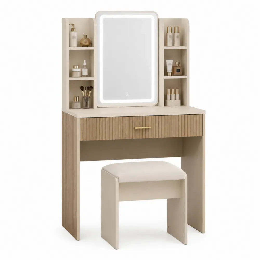 Tocador rectangular con espejo LED tablero MDF y tablero de partículas roble claro blanco con estantes laterales y taburete 100 x 40 x 140 cm
