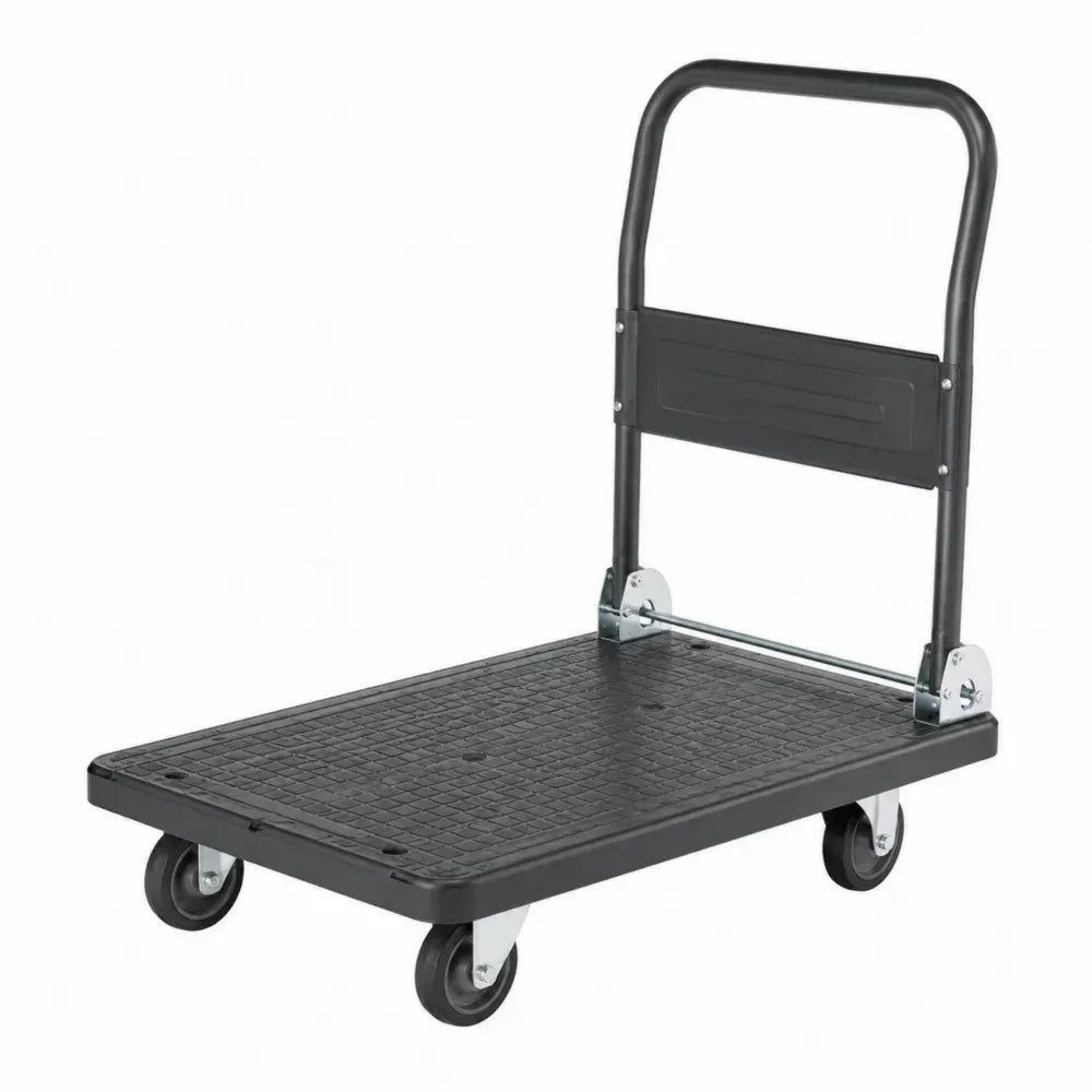 Carro de transporte plegable con plataforma rectangular de PP y asa de acero negro gris 90 x 60 x 85 cm