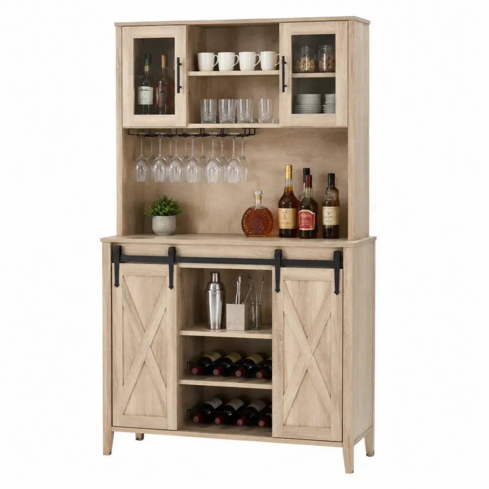 mueble bar de salón con botellero y colgador de copas madera efecto natural 100 cm ancho 40 cm profundidad 180 cm altura con puertas correderas y estantes