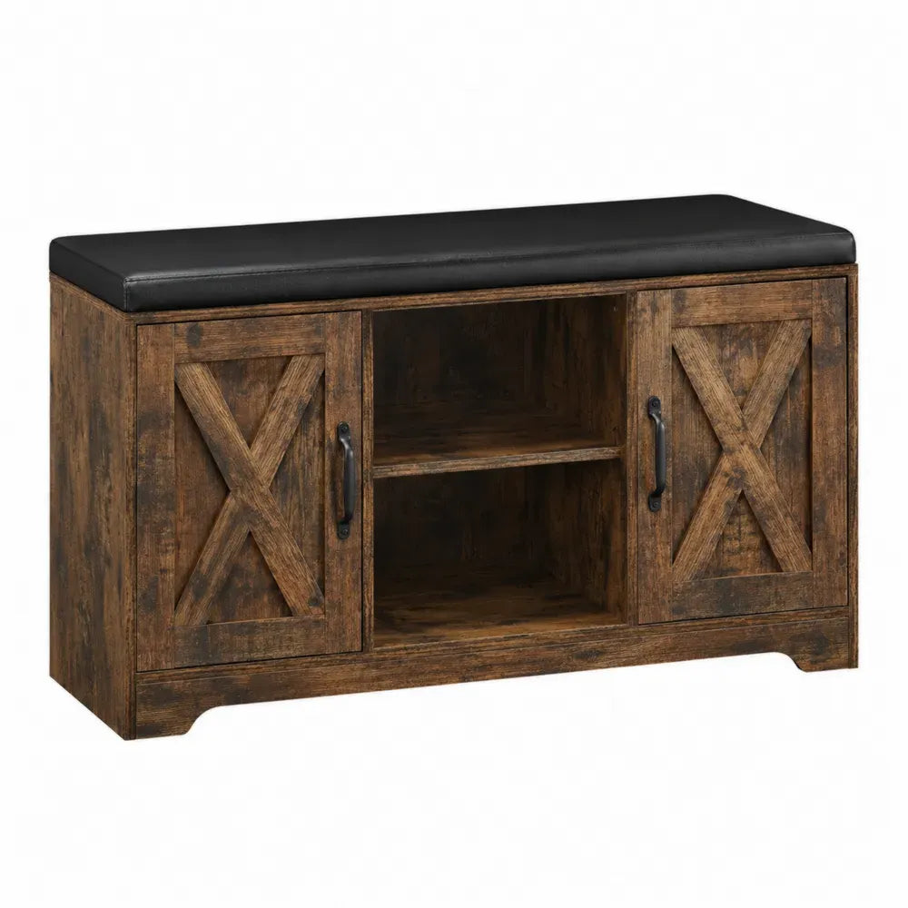 banco zapatero de madera con asiento acolchado puertas dobles estante central abierto 100 cm x 40 cm x 50 cm marrón negro