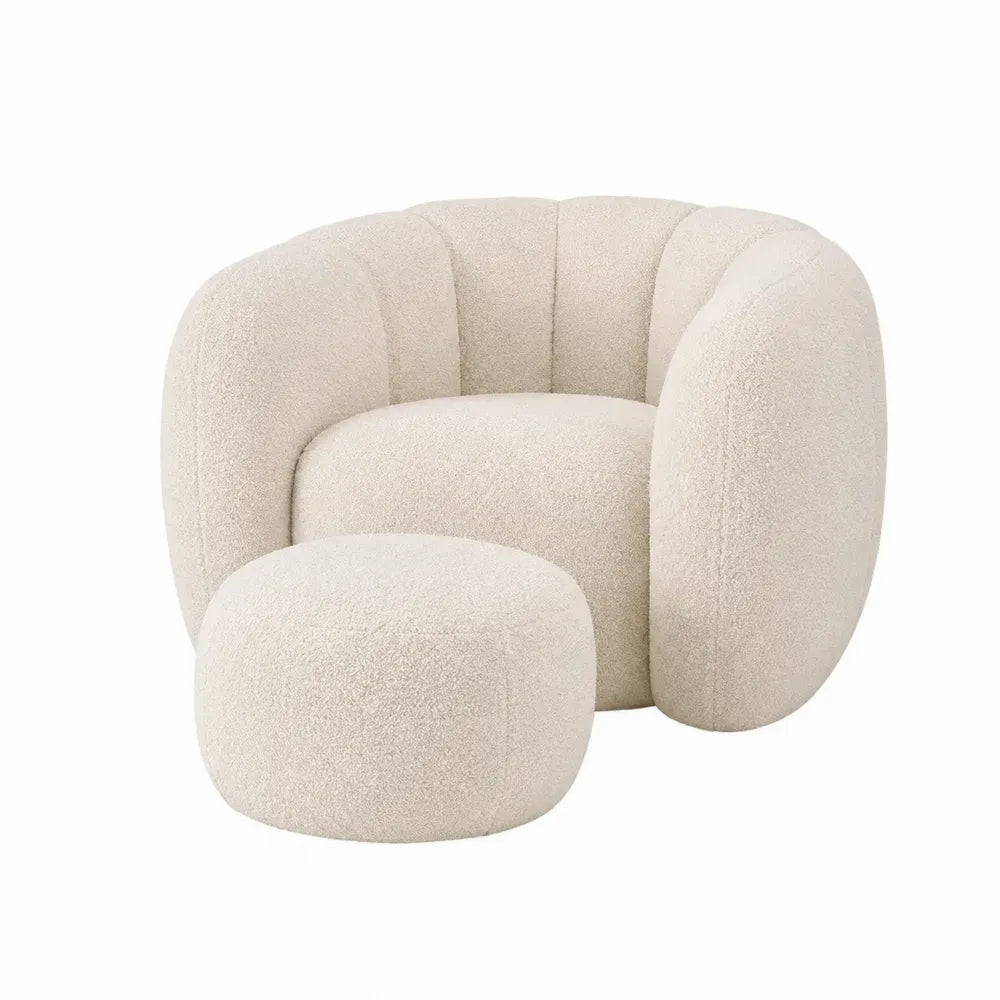 Sillón con reposapiés tapizado bouclé beige respaldo curvo reposabrazos integrados 85 x 82 x 78 cm