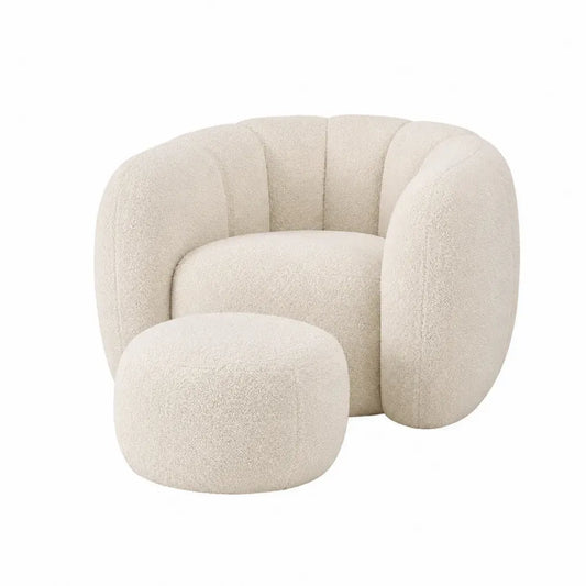 Sillón con reposapiés tapizado bouclé beige respaldo curvo reposabrazos integrados 85 x 82 x 78 cm