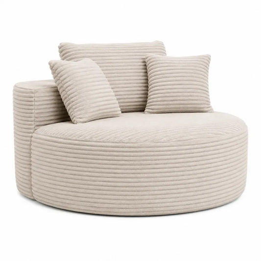Sofá modular circular de 180 cm tapizado en tejido de poliéster acanalado beige con respaldo segmentado y cojines estructura de madera contrachapada espuma de poliuretano