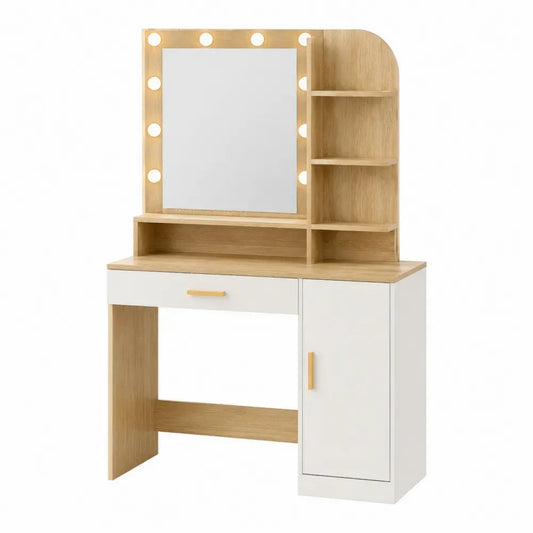 Tocador rectangular con espejo iluminado tablero de partículas y MDF roble claro blanco estantes laterales 100 x 40 x 140 cm