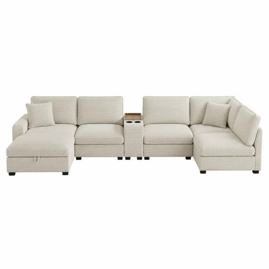 sofá modular esquinero en L de 320 cm tapizado en tejido de poliéster acanalado beige con doble chaise longue módulo central con portavasos estructura de madera contrachapada patas de PP