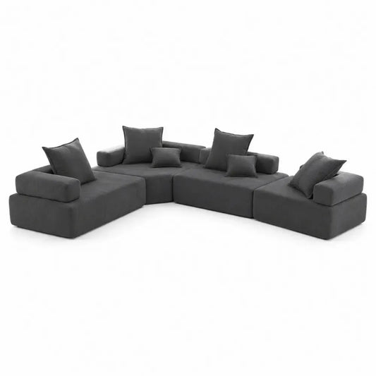 Sofá modular en forma de U de 5 plazas tapizado en pana gris oscuro con cojines 330 x 200 x 65 cm