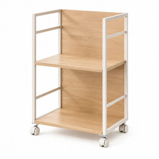 carrito de almacenamiento con ruedas de dos niveles MDF efecto madera roble claro estructura de acero blanco 60 cm longitud 40 cm ancho 90 cm alto
