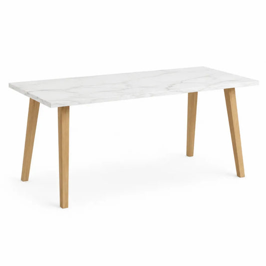 Mesa de comedor rectangular con tablero MDF efecto mármol blanco patas de madera de pino natural 160 x 80 x 75 cm