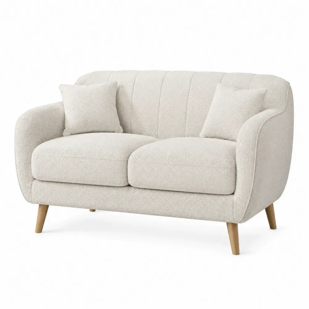 Sofá de 2 plazas tapizado bouclé beige con reposabrazos curvos cojines y patas de madera 160 x 85 x 82 cm