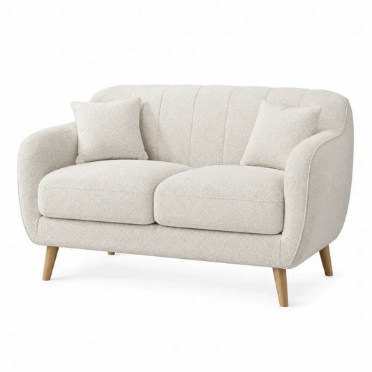 Sofá de 2 plazas tapizado bouclé beige con reposabrazos curvos cojines y patas de madera 160 x 85 x 82 cm