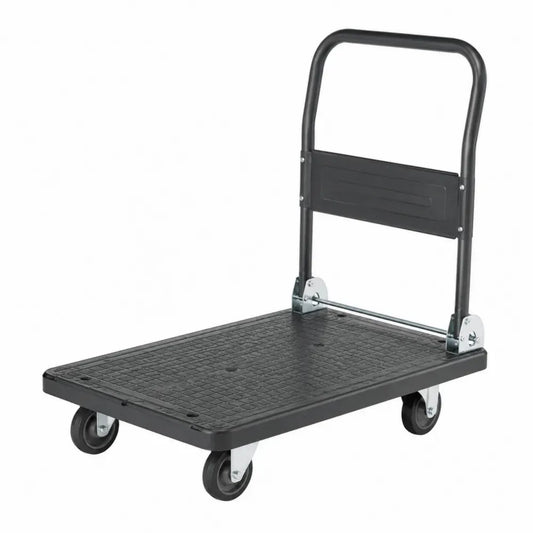 Carro de transporte plegable con plataforma rectangular de PP y asa de acero negro gris 90 x 60 x 85 cm