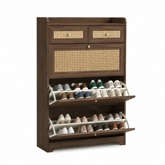 zapatero de madera marrón con compartimentos abatibles y estante superior abierto 60 cm x 30 cm x 120 cm