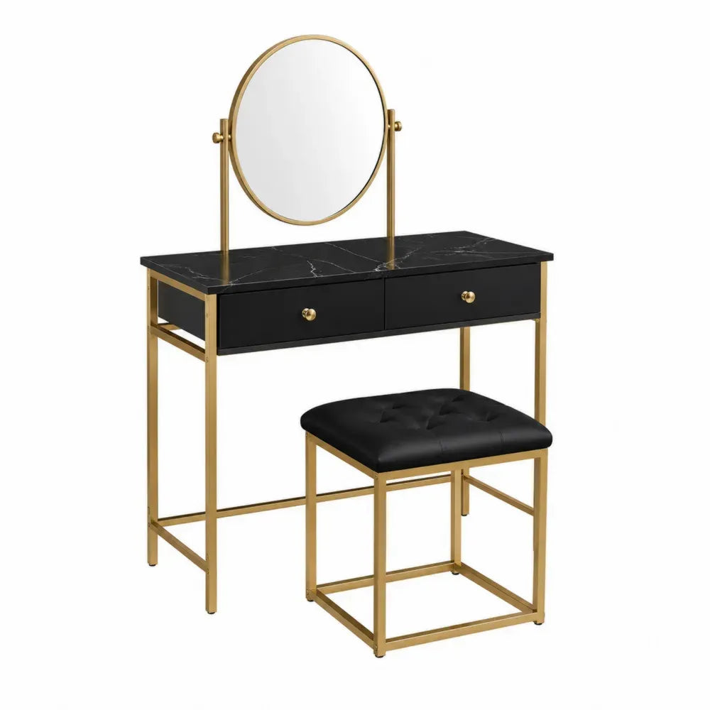 Tocador de dormitorio con espejo redondo y taburete encimera efecto mármol negro estructura metálica dorada 100 x 40 x 135 cm