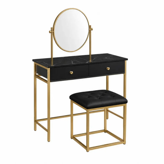 Tocador de dormitorio con espejo redondo y taburete encimera efecto mármol negro estructura metálica dorada 100 x 40 x 135 cm
