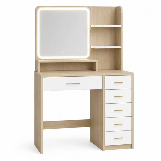 Tocador rectangular con espejo LED MDF y tablero de partículas roble claro blanco 1 cajón ancho y 5 cajones laterales 100 x 40 x 140 cm