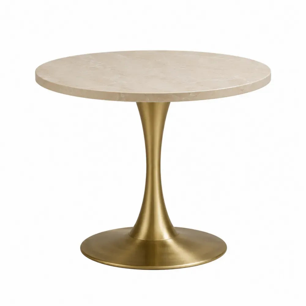 Mesa de comedor redonda de piedra sinterizada efecto mármol beige base pedestal metálica dorada 90 cm 75 cm