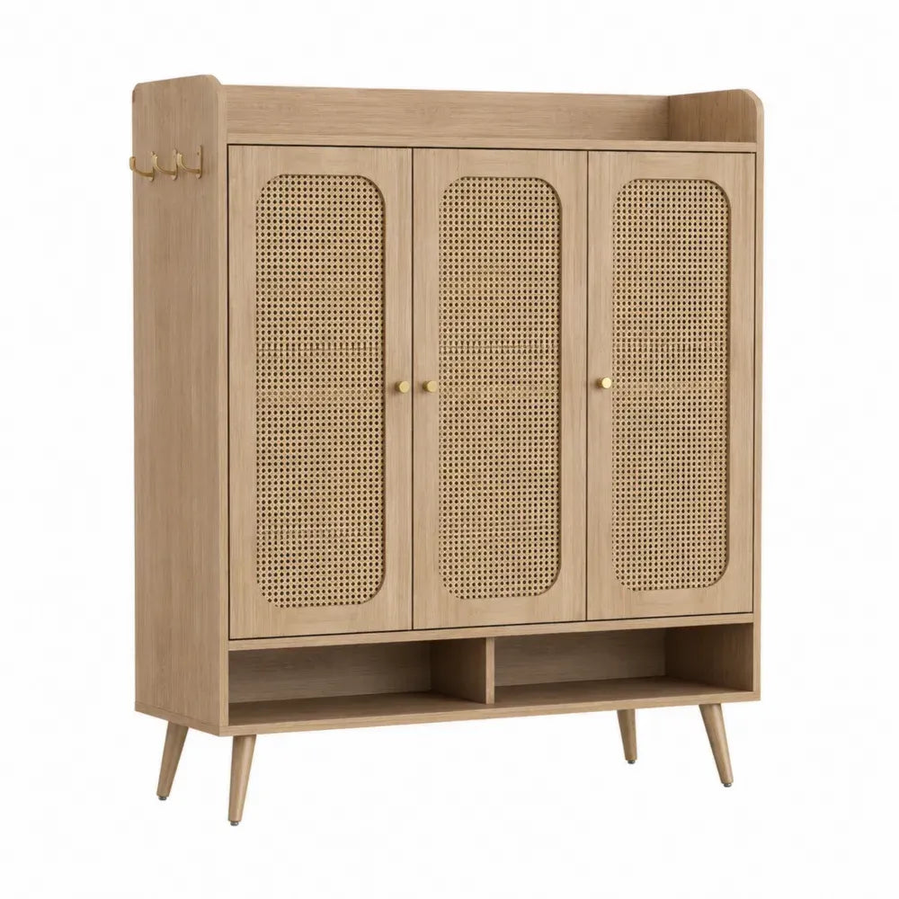 Zapatero armario almacenamiento calzado puertas rejilla ratán estructura MDF patas madera clara dorado 100 cm x 35 cm x 120 cm