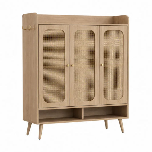Zapatero armario almacenamiento calzado puertas rejilla ratán estructura MDF patas madera clara dorado 100 cm x 35 cm x 120 cm