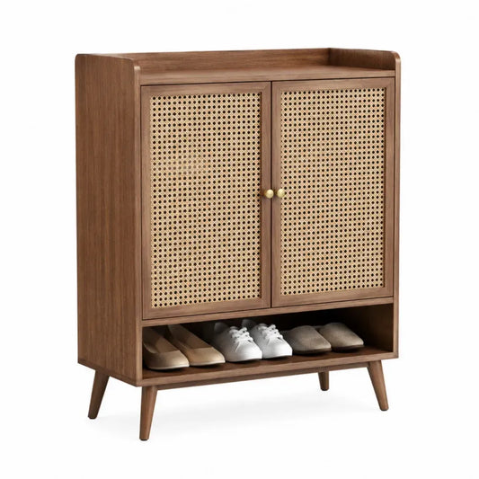 zapatero de madera con puertas de rejilla tipo ratán estante inferior abierto color madera natural 90 cm x 35 cm x 120 cm