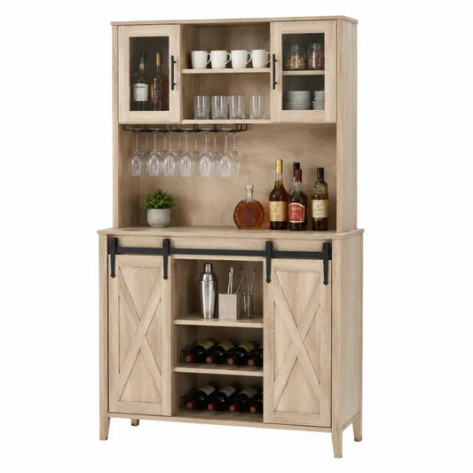 mueble bar de salón con botellero y colgador de copas madera efecto natural 100 cm ancho 40 cm profundidad 180 cm altura con puertas correderas y estantes