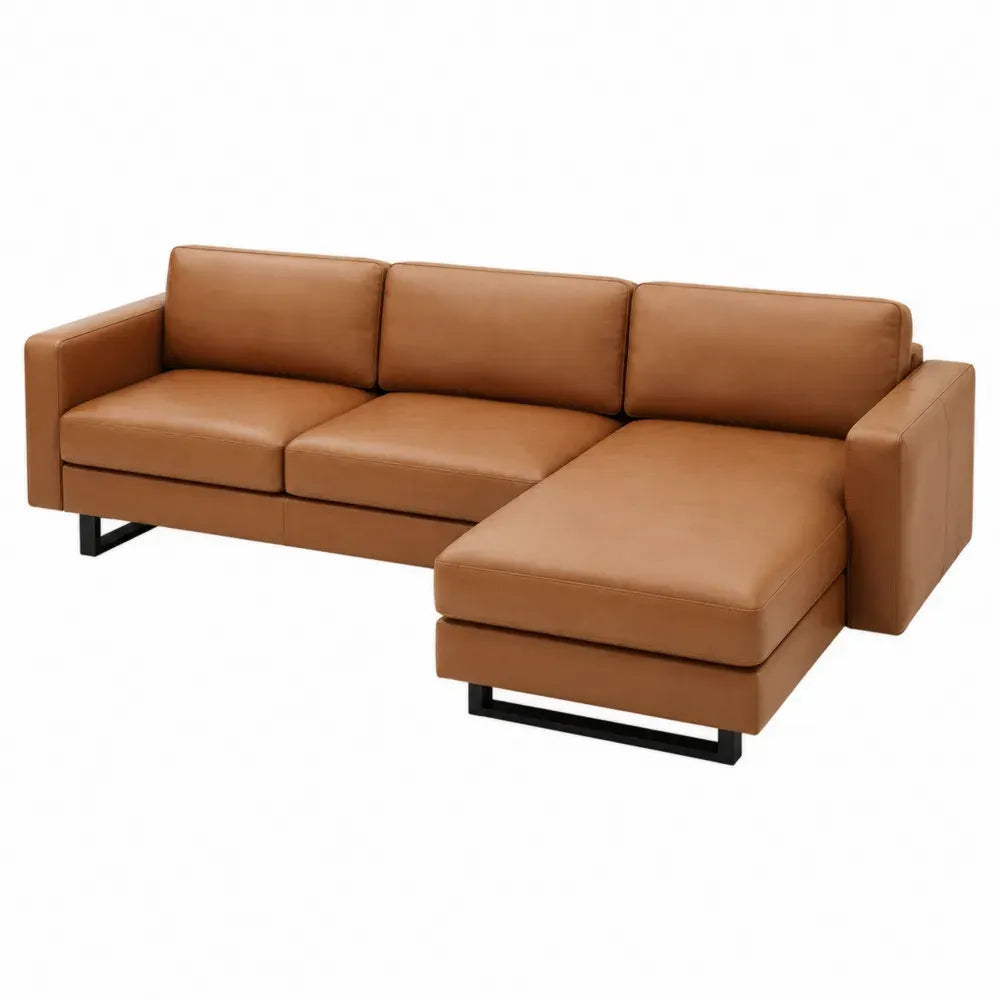 Sofá chaise longue en L de piel de PU marrón 260 x 160 x 85 cm con patas de acero negro