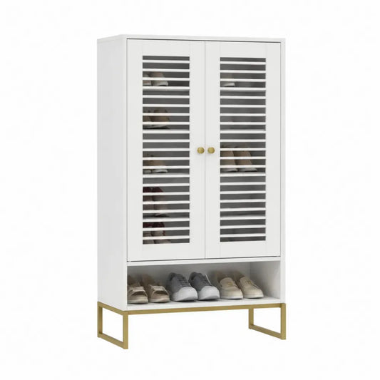 Zapatero alto con dos puertas de rejilla estante inferior abierto MDF blanco y metal dorado 80 x 35 x 120 cm