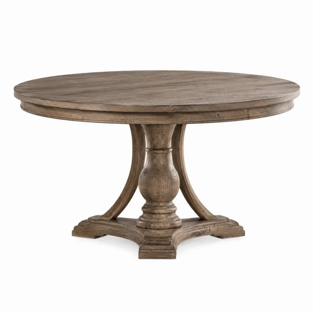 Mesa de comedor redonda de madera maciza de roble base central tallada madera natural 120 cm 75 cm